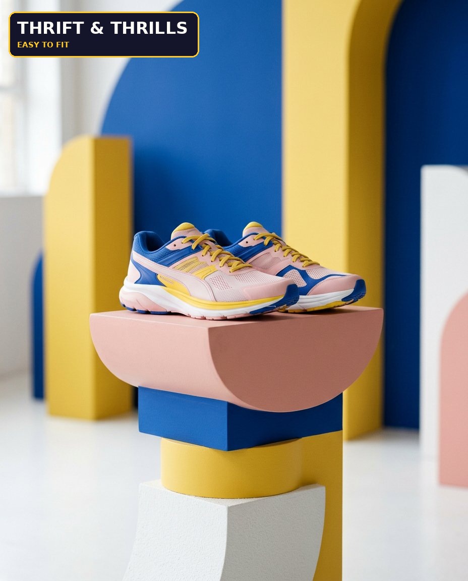Colourful running shoes on a studio pedestal